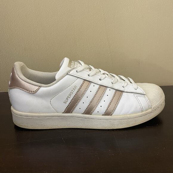 Adidas Superstar Women's White Copper Rose Gold Metallic Stripe Kicks - Picture 3 of 7